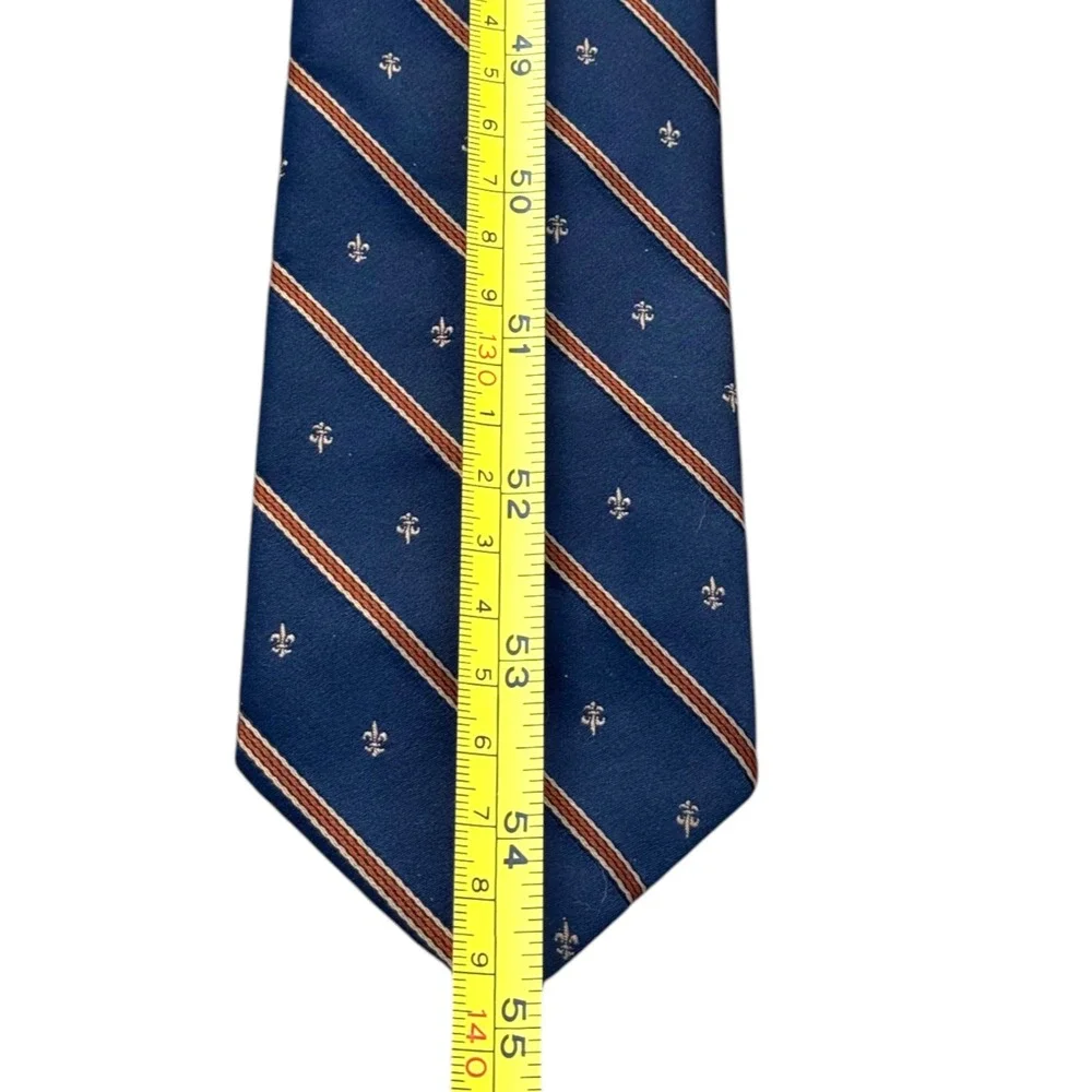 Hecht's Mens Store Vintage Navy Blue‎ Fleur-de-lis Striped Polyester Necktie 55
